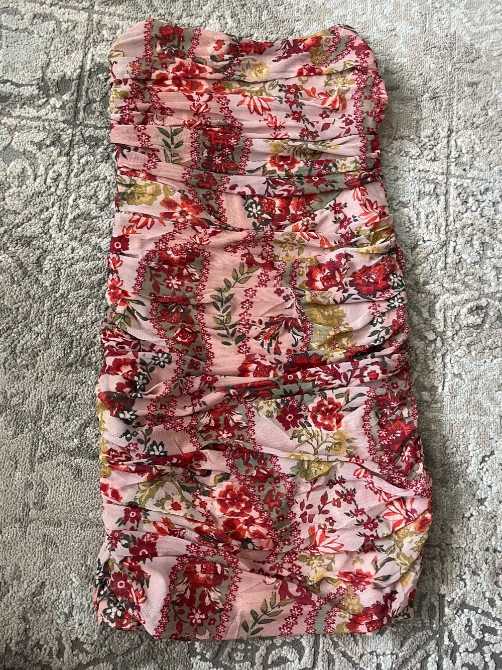Sky to Moon Pink Floral Strapless Ruched Bodycon Mini Dress Size M Runs Small